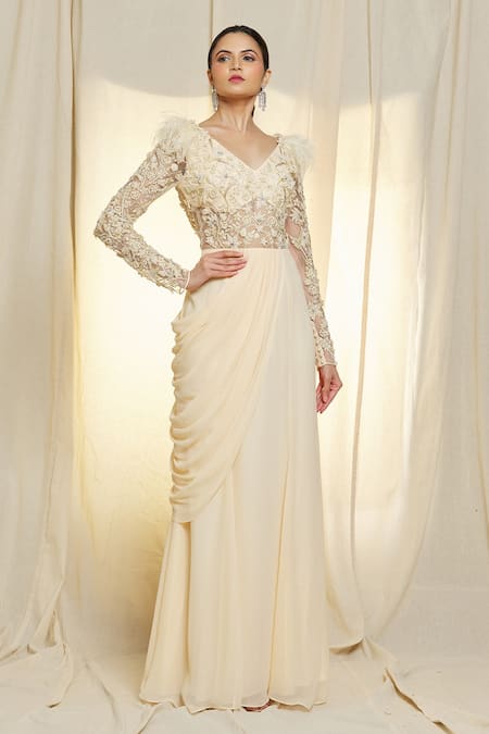 Shop_Vivek Patel_Ivory Georgette Beads, Cut Work, Embroidery V-neck Cocktail Hand Saree Gown _Online_at_Aza_Fashions