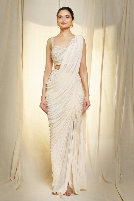 Vivek Patel_Ivory Georgette, Silk Pearls, Sequins, Embroidered Pre-draped Saree With Blouse _at_Aza_Fashions