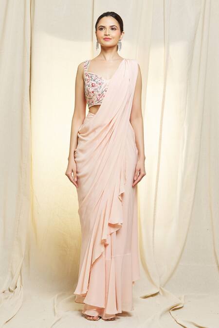 Vivek Patel_Pink Crepe, Silk Pearls, Sequins, Beads, Pre-draped Saree And Embroidered Blouse _at_Aza_Fashions