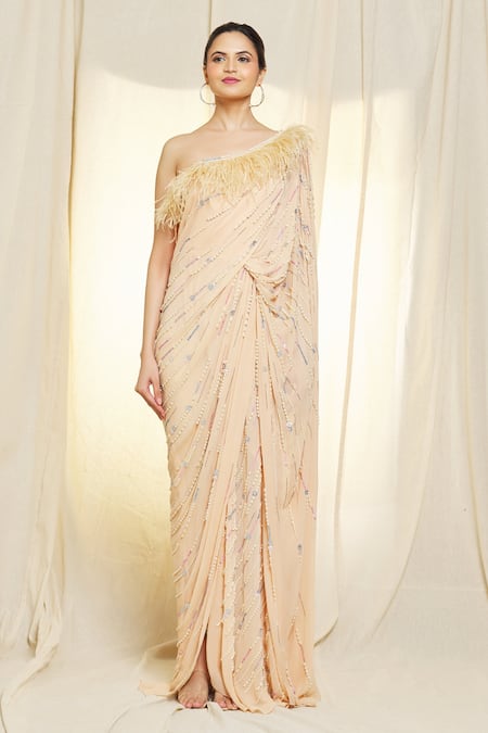 Vivek Patel_Beige Georgette Pearls, Sequins One Shoulder Saree Gown With Belt _at_Aza_Fashions