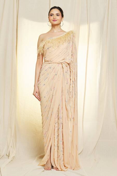 Vivek Patel_Beige Georgette Pearls, Sequins One Shoulder Saree Gown With Belt _Online_at_Aza_Fashions
