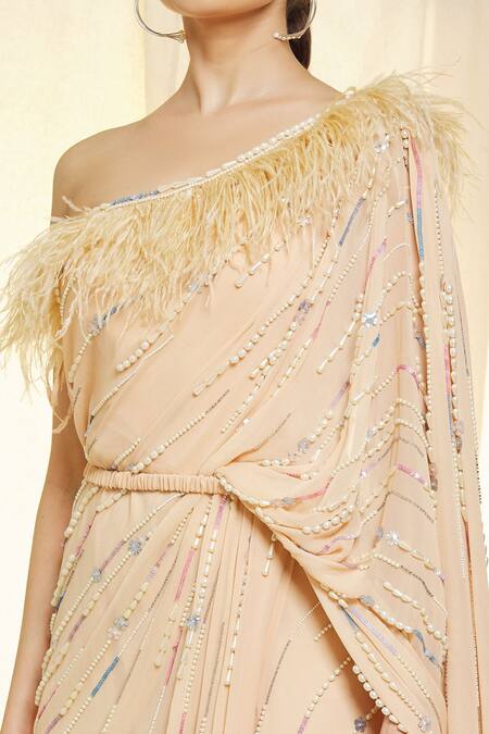 Shop_Vivek Patel_Beige Georgette Pearls, Sequins One Shoulder Saree Gown With Belt _Online_at_Aza_Fashions