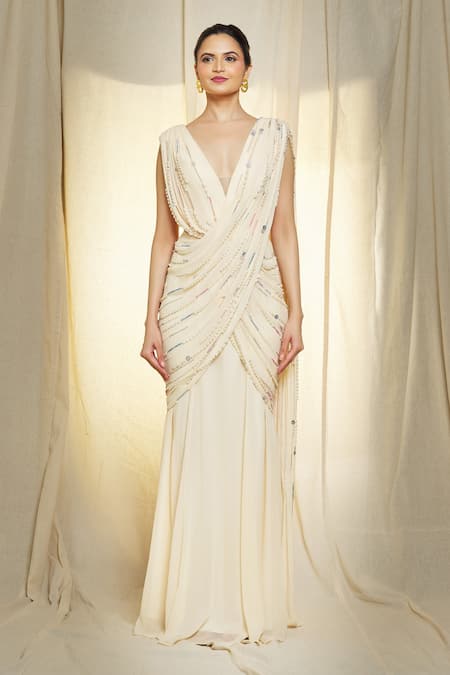 Vivek Patel_Ivory Georgette Pearls, Sequins, Beads V-neck Hand Embroidered Saree Gown _Online_at_Aza_Fashions