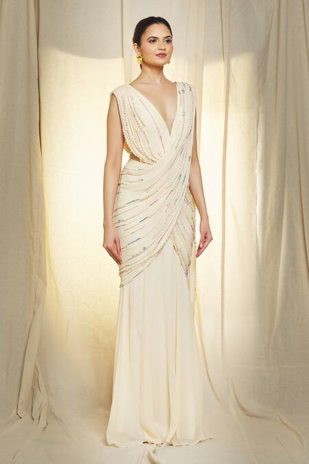 Buy_Vivek Patel_Ivory Georgette Pearls, Sequins, Beads V-neck Hand Embroidered Saree Gown _Online_at_Aza_Fashions