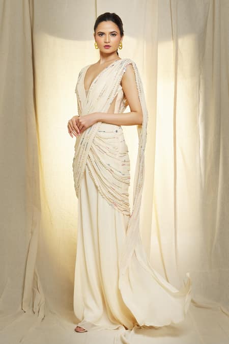 Vivek Patel_Ivory Georgette Pearls, Sequins, Beads V-neck Hand Embroidered Saree Gown _at_Aza_Fashions
