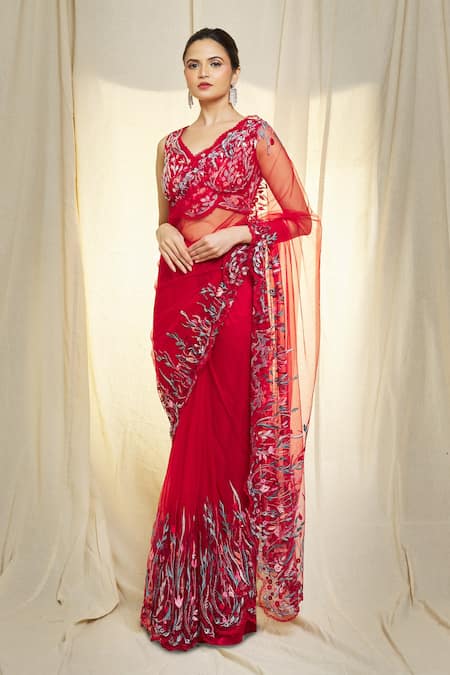 Vivek Patel_Red Tulle, Silk Pearls, Beads, Embroidery V-neck Hand Saree With Blouse _Online_at_Aza_Fashions