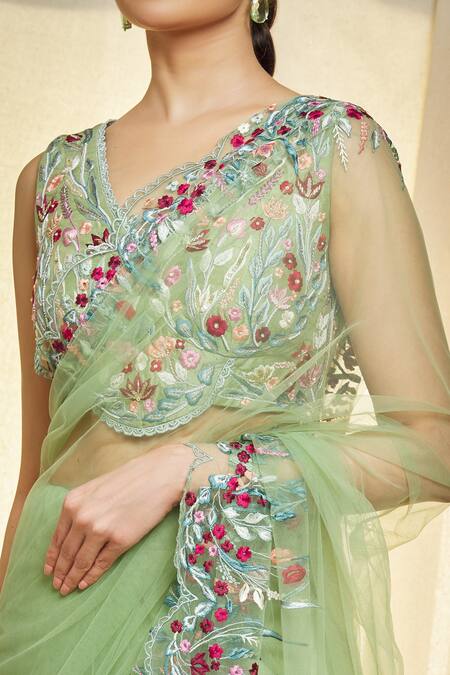 Buy_Vivek Patel_Green Tulle, Silk Pearls, Beads V-neck Embroidered Saree And Blouse Set _Online_at_Aza_Fashions