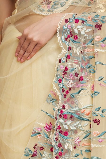 Vivek Patel_Beige Tulle, Silk Pearls, Beads V-neck Hand Embroidered Saree And Blouse Set _at_Aza_Fashions