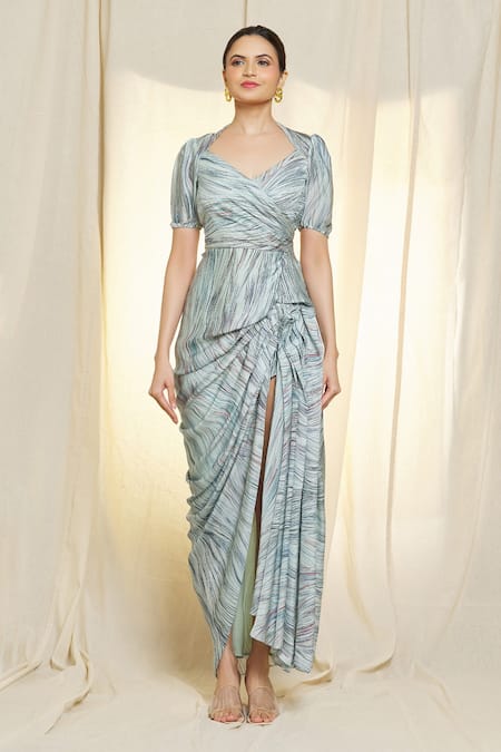 Vivek Patel Blue Satin V-neck Printed Draped Dress at Aza Fashions Vivek Patel_Blue Satin V-neck Printed Draped Dress _at_Aza_Fashions
