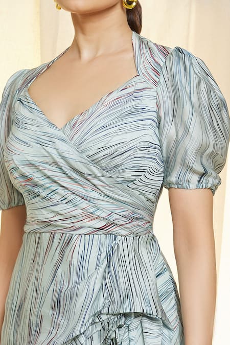 Vivek Patel Blue Satin V-neck Printed Draped Dress Online at Aza Fashions Vivek Patel_Blue Satin V-neck Printed Draped Dress _Online_at_Aza_Fashions