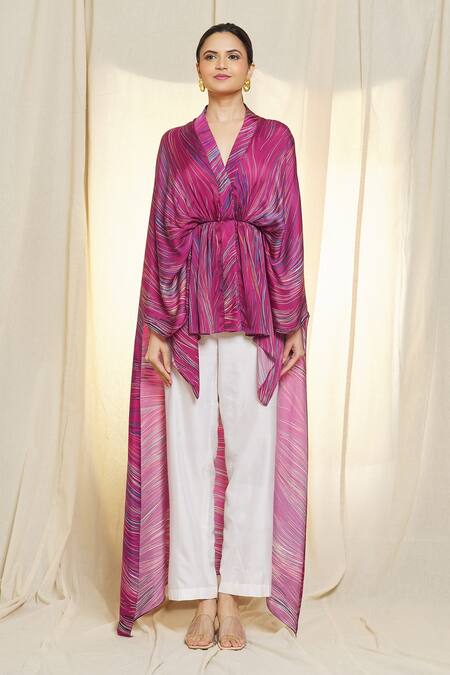 Vivek Patel_Red Bamboo, Satin Embroidery V-neck Asymmetric Hem Printed Kaftan _at_Aza_Fashions