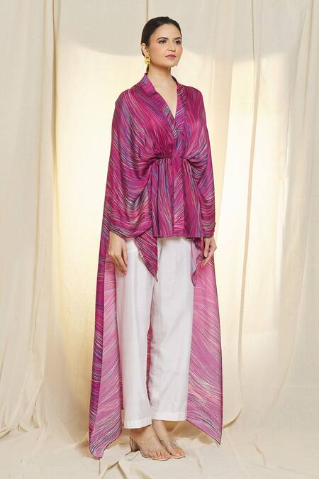 Vivek Patel_Red Bamboo, Satin Embroidery V-neck Asymmetric Hem Printed Kaftan _Online_at_Aza_Fashions