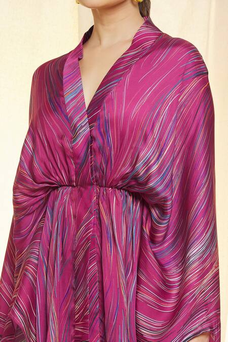Buy_Vivek Patel_Red Bamboo, Satin Embroidery V-neck Asymmetric Hem Printed Kaftan _Online_at_Aza_Fashions