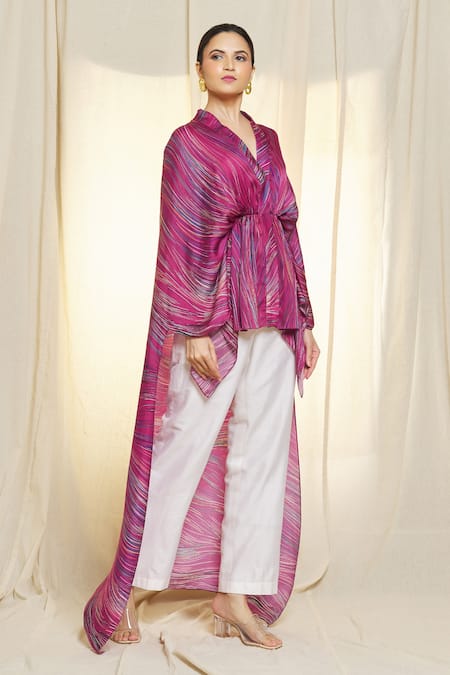 Shop_Vivek Patel_Red Bamboo, Satin Embroidery V-neck Asymmetric Hem Printed Kaftan _Online_at_Aza_Fashions