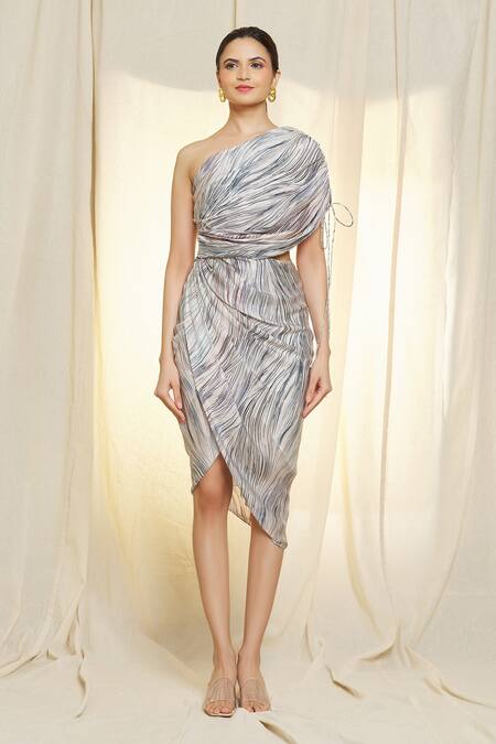 Vivek Patel_Ivory Bamboo, Satin One Shoulder Printed Dress _at_Aza_Fashions