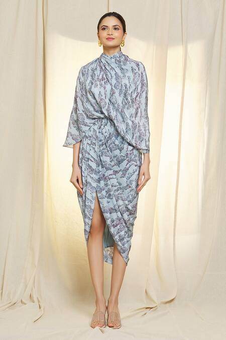 Vivek Patel_Blue Bamboo, Satin Cowl Neck Draped Dress _Online_at_Aza_Fashions
