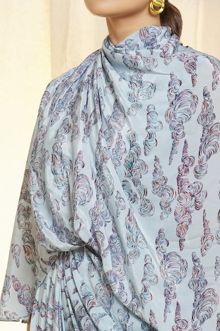 Buy_Vivek Patel_Blue Bamboo, Satin Cowl Neck Draped Dress _Online_at_Aza_Fashions