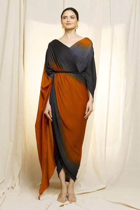 Vivek Patel_Orange Chiffon, Satin V-neck Draped Dress _Online_at_Aza_Fashions