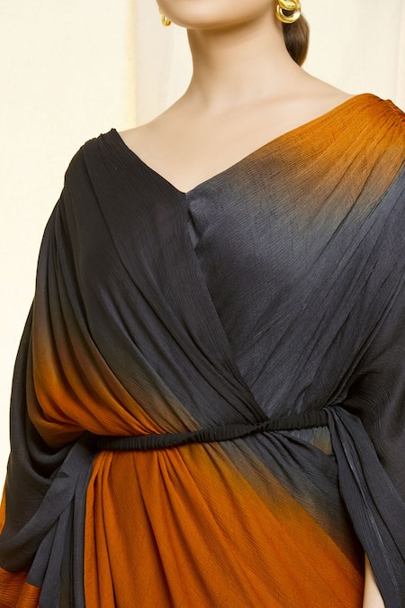 Buy_Vivek Patel_Orange Chiffon, Satin V-neck Draped Dress _Online_at_Aza_Fashions