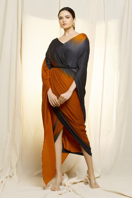 Shop_Vivek Patel_Orange Chiffon, Satin V-neck Draped Dress _Online_at_Aza_Fashions