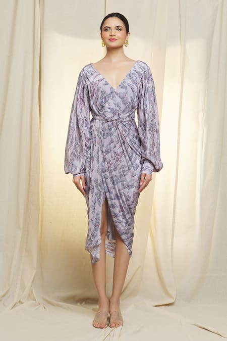 Vivek Patel_Purple Bamboo, Satin V-neck Cloud Print Dress _Online_at_Aza_Fashions