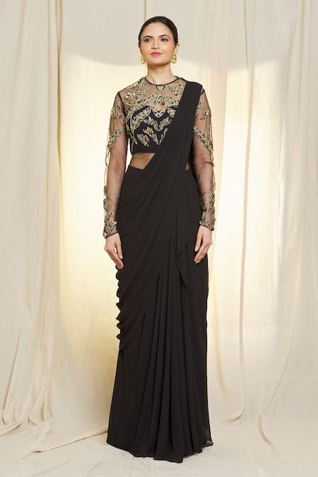 Vivek Patel_Black Georgette Sequins, Beads, Embroidery 3d Saree Gown _Online_at_Aza_Fashions