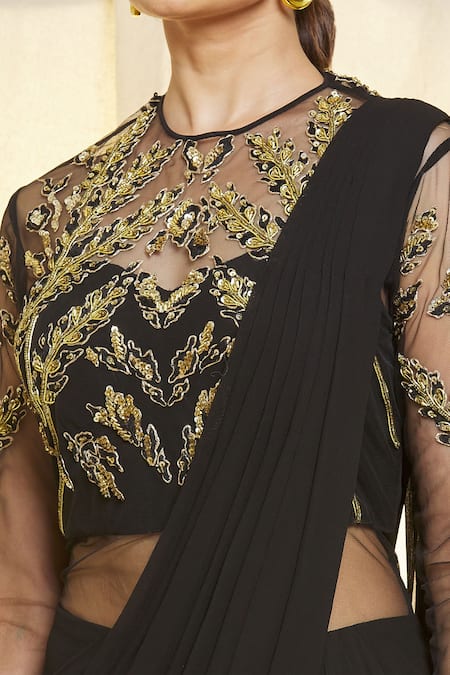Buy_Vivek Patel_Black Georgette Sequins, Beads, Embroidery 3d Saree Gown _Online_at_Aza_Fashions