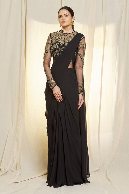 Buy Juniper Black Georgette Embellished Saree Style Gown online