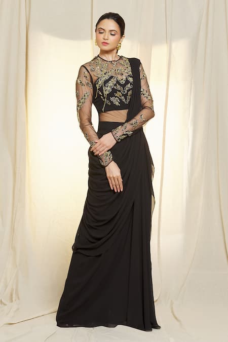 Vivek Patel_Black Georgette Sequins, Beads, Embroidery 3d Saree Gown _at_Aza_Fashions