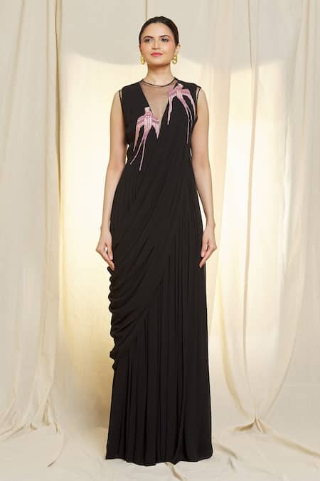 Vivek Patel_Black Georgette Embroidery Round Neck Pre-draped Saree Gown _Online_at_Aza_Fashions