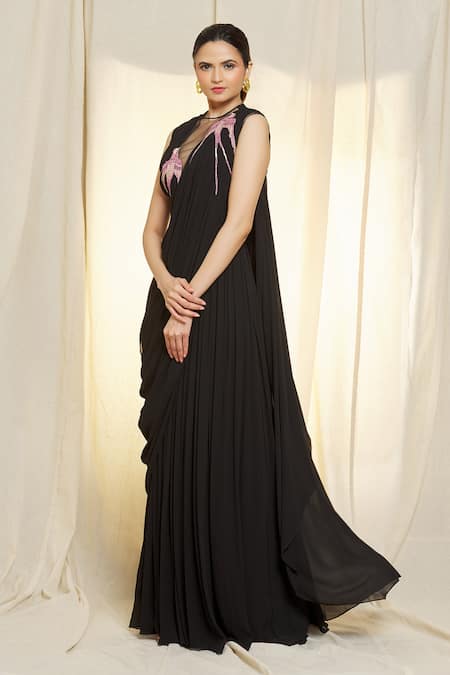 Shop_Vivek Patel_Black Georgette Embroidery Round Neck Pre-draped Saree Gown _Online_at_Aza_Fashions