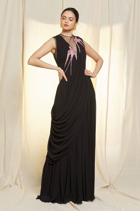 Navy Georgette Draped Saree Gown – Jasminum