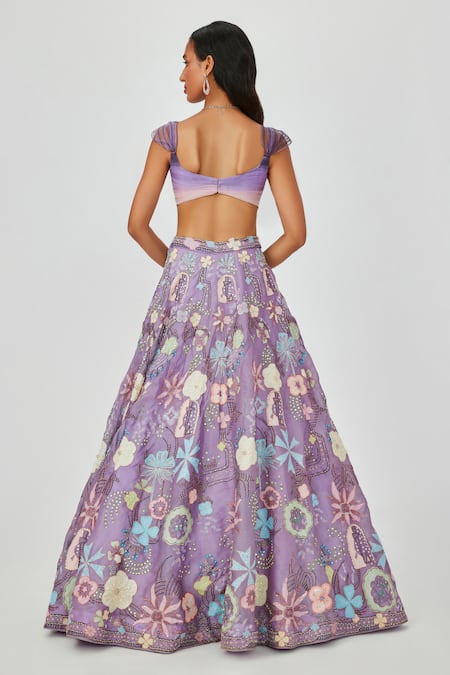 Shop Aisha Rao Purple Satin, Organza, Darya Floral Applique Embellished 10 Kali Lehenga Set at Aza Fashions Shop_Aisha Rao_Purple Satin, Organza, Darya Floral Applique Embellished 10 Kali Lehenga Set _at_Aza_Fashions