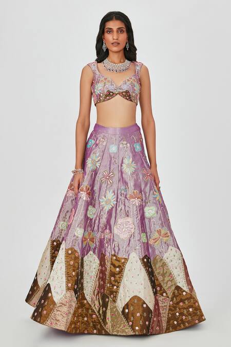 Aisha Rao Purple Tissue Sequins, Sahar Floral Patchwork 10 Kali Bridal Lehenga Set at Aza Fashions Aisha Rao_Purple Tissue Sequins, Sahar Floral Patchwork 10 Kali Bridal Lehenga Set _at_Aza_Fashions
