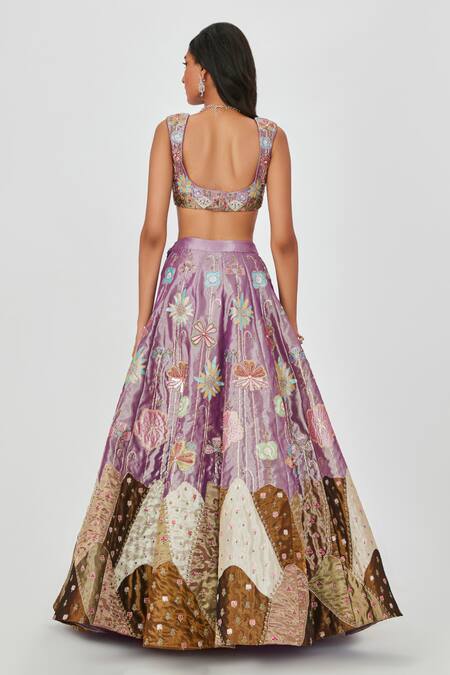 Buy Aisha Rao Purple Tissue Sequins, Sahar Floral Patchwork 10 Kali Bridal Lehenga Set Buy_Aisha Rao_Purple Tissue Sequins, Sahar Floral Patchwork 10 Kali Bridal Lehenga Set