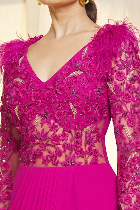 Buy_Vivek Patel_Fuchsia Georgette Beads, Applique, Feathers V-neck 3d Embroidered Saree Gown _Online_at_Aza_Fashions
