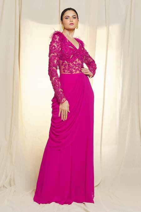 Vivek Patel_Fuchsia Georgette Beads, Applique, Feathers V-neck 3d Embroidered Saree Gown _at_Aza_Fashions