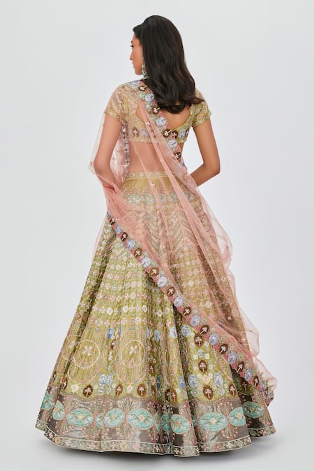 Aisha Rao_Green Tissue Embroidery Layla Floral Embellished 12 Kali Bridal Lehenga Set _Online_at_Aza_Fashions