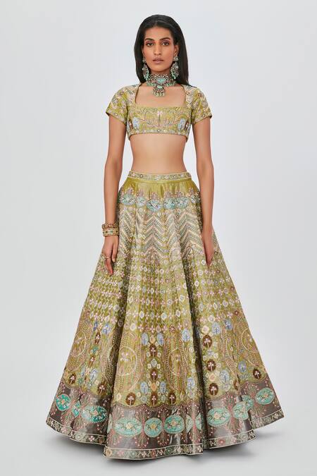 Buy_Aisha Rao_Green Tissue Embroidery Layla Floral Embellished 12 Kali Bridal Lehenga Set _Online_at_Aza_Fashions