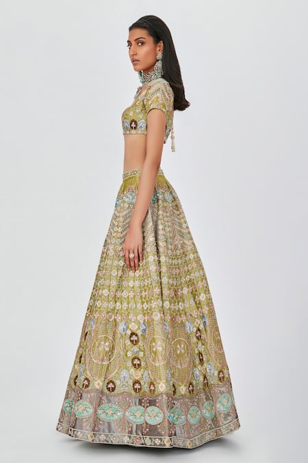 Shop_Aisha Rao_Green Tissue Embroidery Layla Floral Embellished 12 Kali Bridal Lehenga Set _Online_at_Aza_Fashions