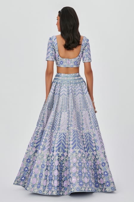 Shop_Aisha Rao_Purple Tissue Embroidery Sweetheart Neck Floral Applique 12 Kali Lehenga Set _at_Aza_Fashions