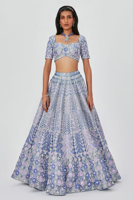 Buy_Aisha Rao_Purple Tissue Embroidery Sweetheart Neck Floral Applique 12 Kali Lehenga Set _Online_at_Aza_Fashions