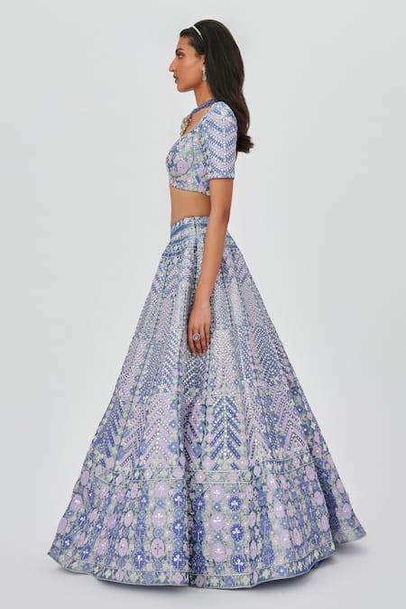 Aisha Rao_Purple Tissue Embroidery Sweetheart Neck Floral Applique 12 Kali Lehenga Set _at_Aza_Fashions