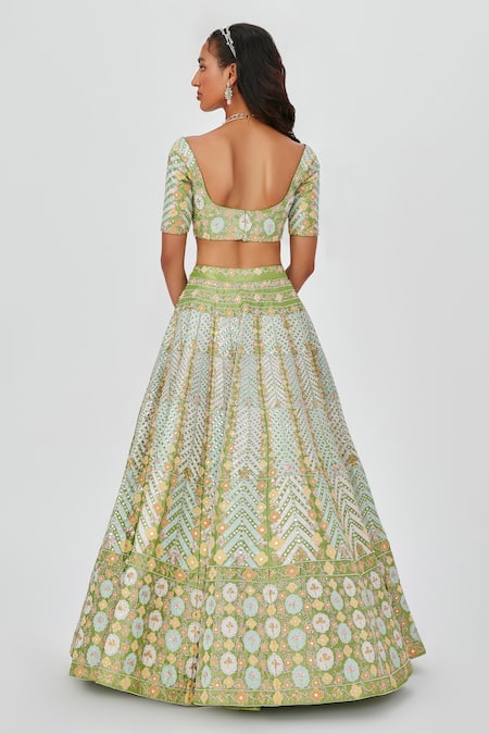 Shop Aisha Rao Green Tissue Sequins, Mirrors, Zari Ziba Embroidered 16 Kali Bridal Lehenga Set at Aza Fashions Shop_Aisha Rao_Green Tissue Sequins, Mirrors, Zari Ziba Embroidered 16 Kali Bridal Lehenga Set _at_Aza_Fashions