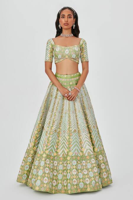 Aisha Rao Green Tissue Sequins, Mirrors, Zari Ziba Embroidered 16 Kali Bridal Lehenga Set at Aza Fashions Aisha Rao_Green Tissue Sequins, Mirrors, Zari Ziba Embroidered 16 Kali Bridal Lehenga Set _at_Aza_Fashions