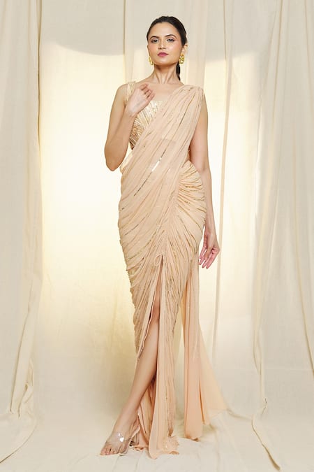 Shop_Vivek Patel_Beige Georgette, Silk Beads, Pearls, Sequins Scoop Pre-draped Saree With Blouse _Online_at_Aza_Fashions