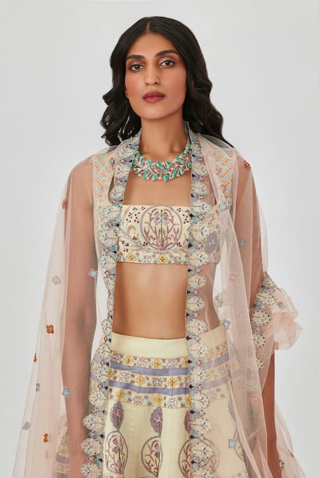 Aisha Rao_Beige Satin, Chiffon Applique, Embroidery Floral 16 Kali Bridal Lehenga Set _at_Aza_Fashions