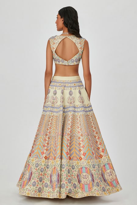 Shop_Aisha Rao_Beige Satin Applique, Soraya Floral Embellished 12 Kali Bridal Lehenga Set _at_Aza_Fashions