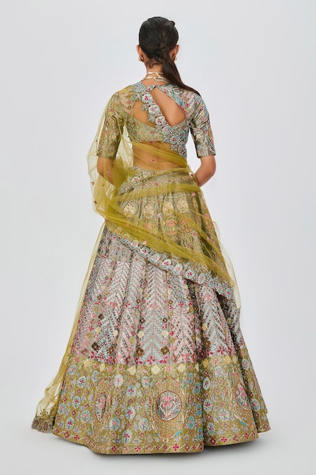 Shop_Aisha Rao_Grey Tissue, Chiffon Embroidery Banou Embellished 12 Kali Bridal Lehenga Set _at_Aza_Fashions