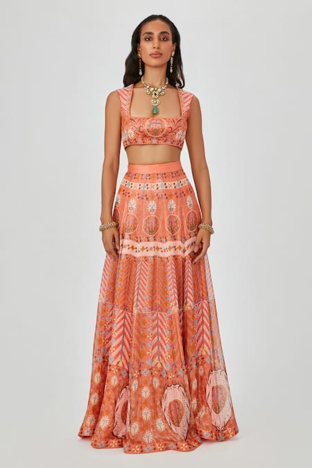 Shop_Aisha Rao_Orange Georgette Embroidery Square Farhat Geometric And Floral Print Skirt Set _Online_at_Aza_Fashions